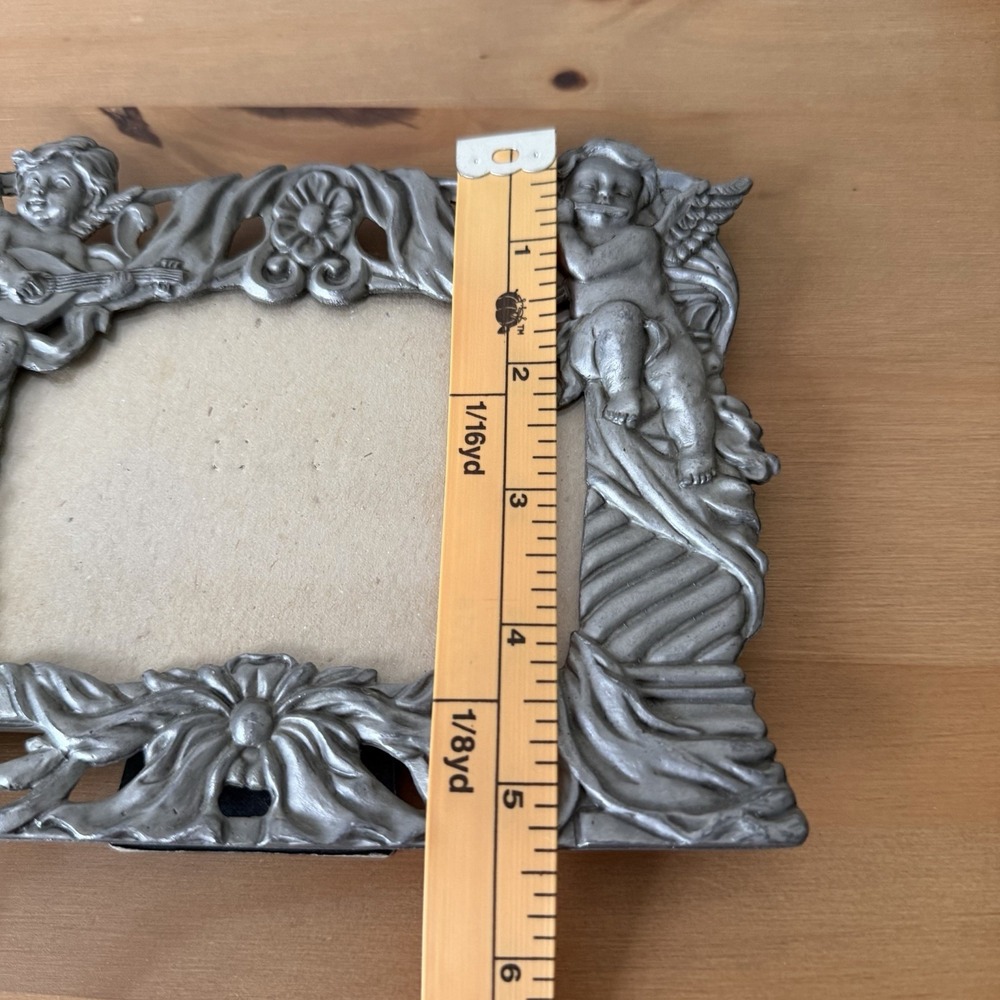 Vtg Cherub Picture Frame Pewter Angel Floral 90s Silver Metal Gift Valentine - Picture 8 of 12
